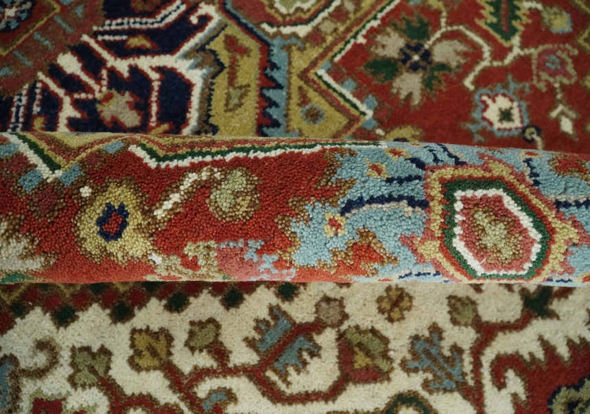 Traditional Blue, Rust and Ivory Heriz Serapi Hand knotted Multi Size wool Area Rug