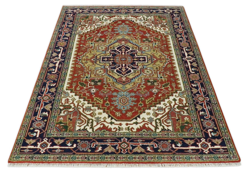 Traditional Blue, Rust and Ivory Heriz Serapi Hand knotted Multi Size wool Area Rug