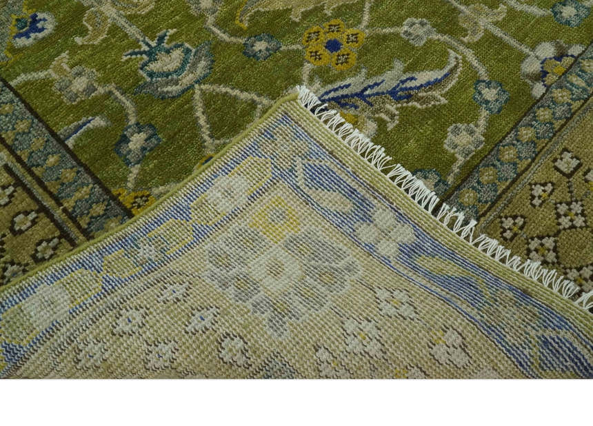 Traditional Floral Green and Blue Hand Knotted Multi size wool area rug