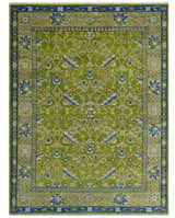 Traditional Floral Green and Blue Hand Knotted Multi size wool area rug