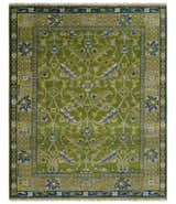Traditional Floral Green and Blue Hand Knotted Multi size wool area rug