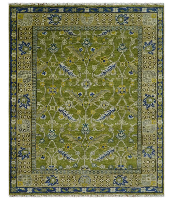 Traditional Floral Green and Blue Hand Knotted Multi size wool area rug