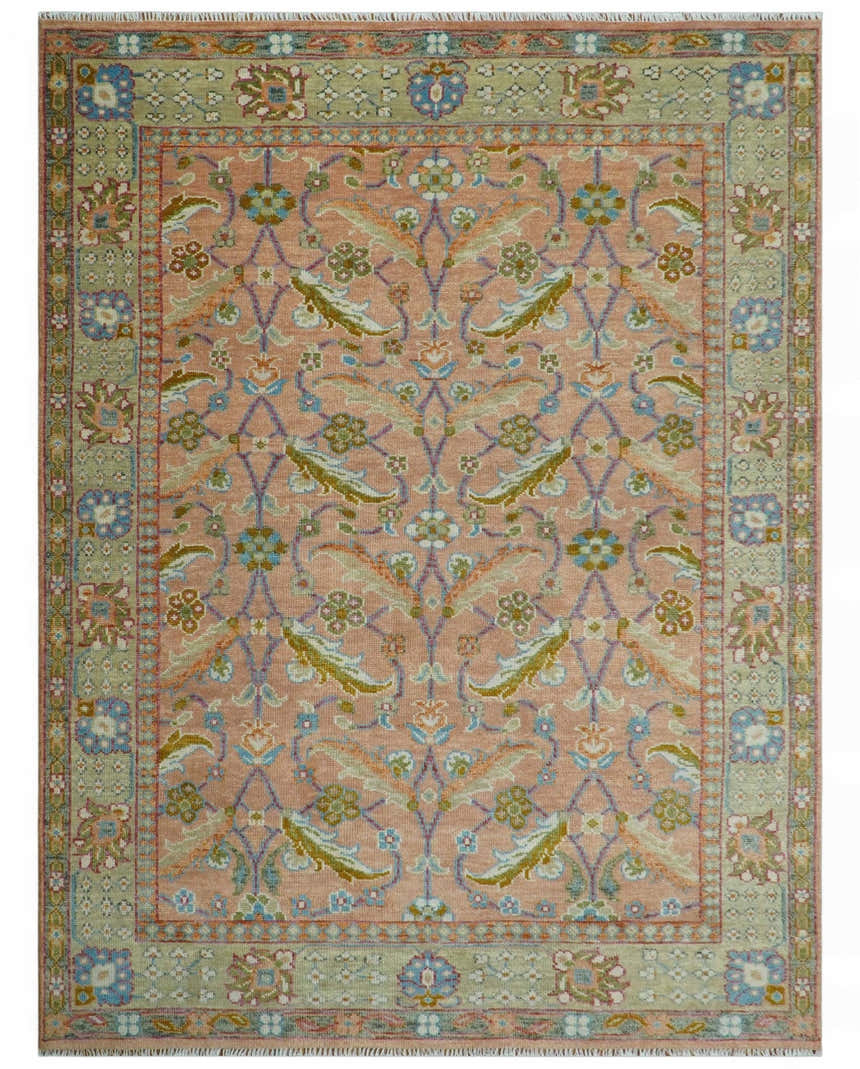 Traditional Floral Peach and Green Hand Knotted Custom Made wool area rug