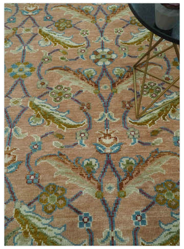 Traditional Floral Peach and Green Hand Knotted Custom Made wool area rug