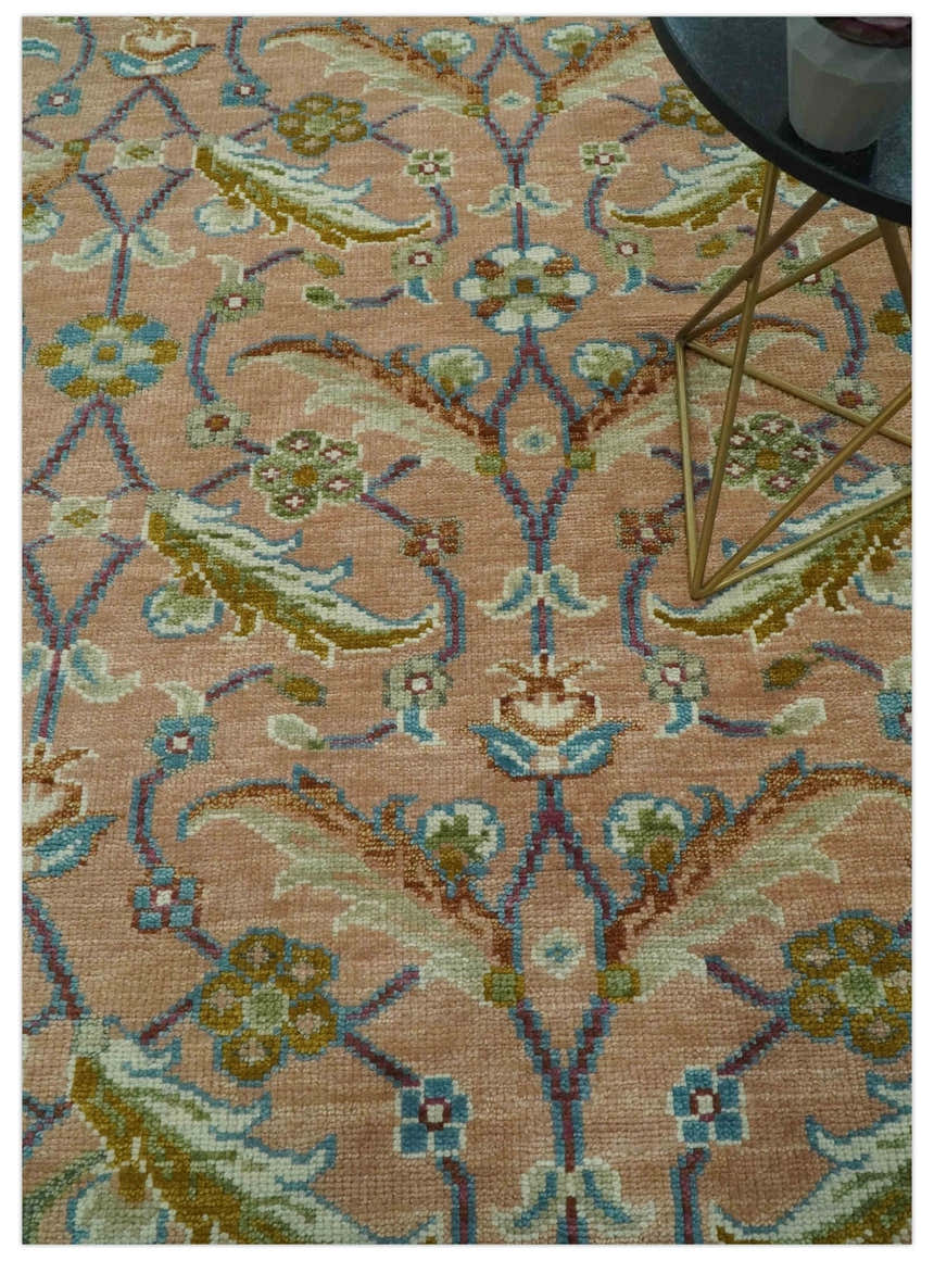 Traditional Floral Peach and Green Hand Knotted Custom Made wool area rug