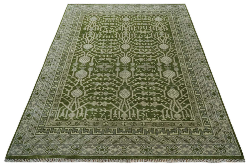 Traditional Hand knotted Royal Green and Ivory Turkish Design wool Area Rug