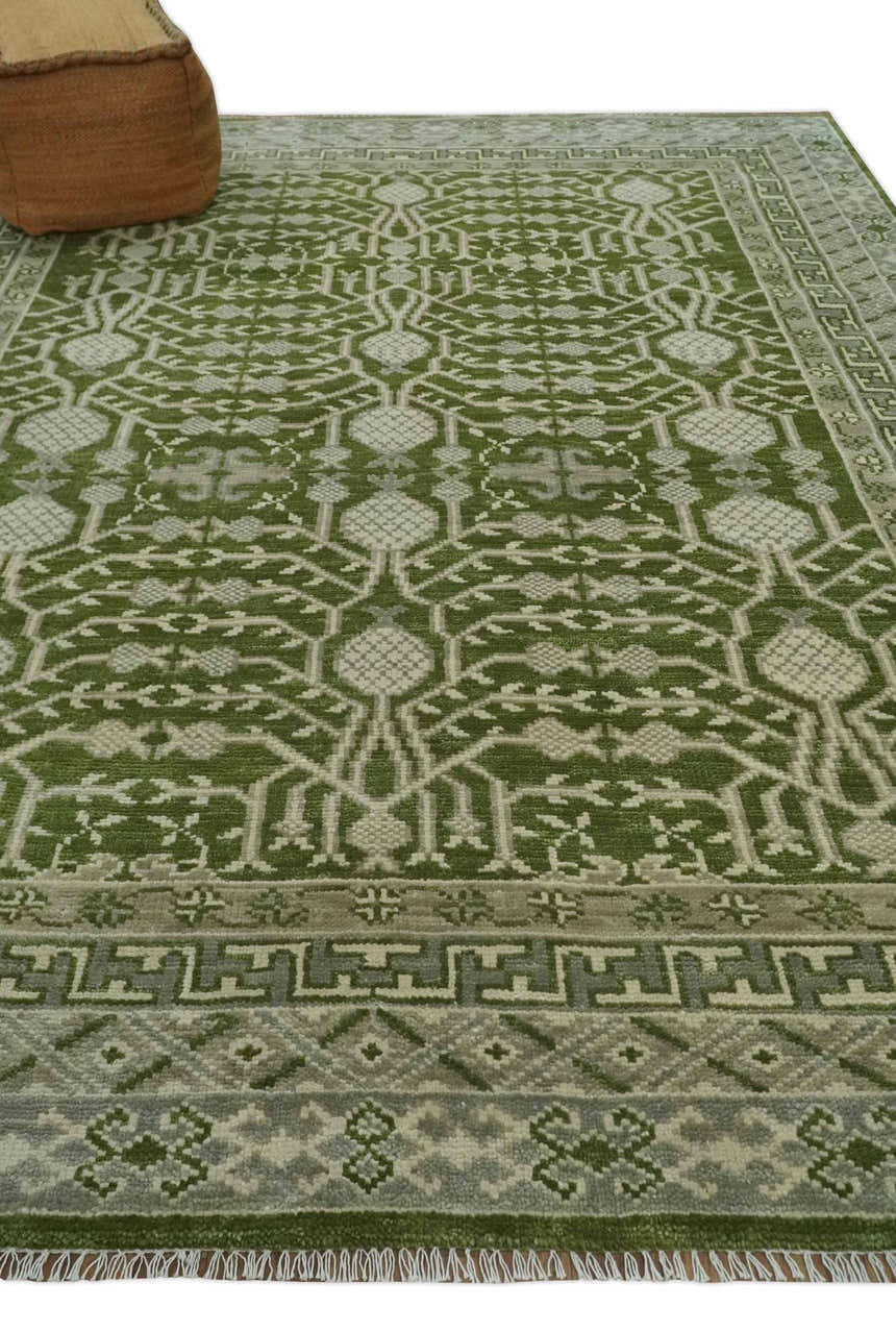 Traditional Hand knotted Royal Green and Ivory Turkish Design wool Area Rug