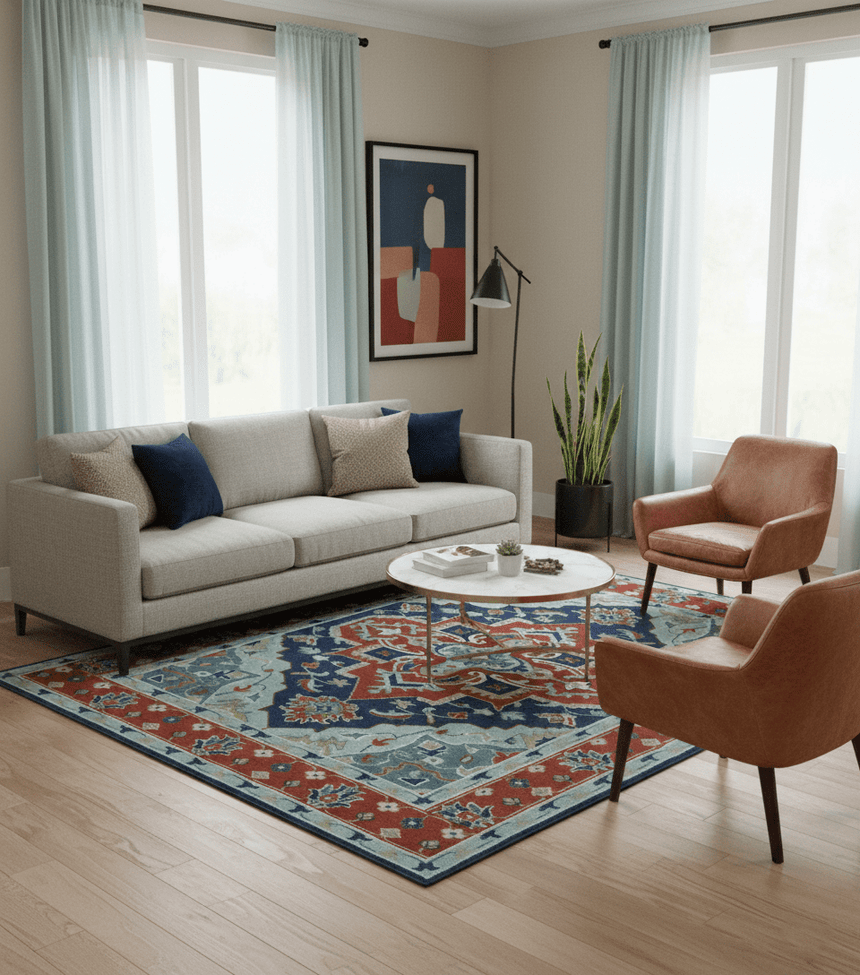 Traditional Heriz Brown, Blue and Gray Hand Knotted Custom Made Wool Area Rug