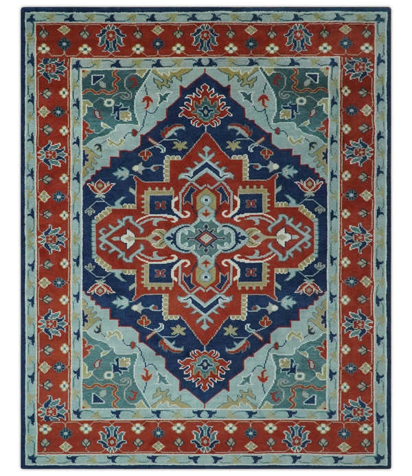 Traditional Heriz Brown, Blue and Gray Hand Knotted Custom Made Wool Area Rug