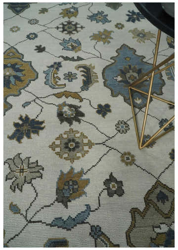 Traditional Ivory and Beige Hand Knotted Oriental Oushak Wool Area Rug