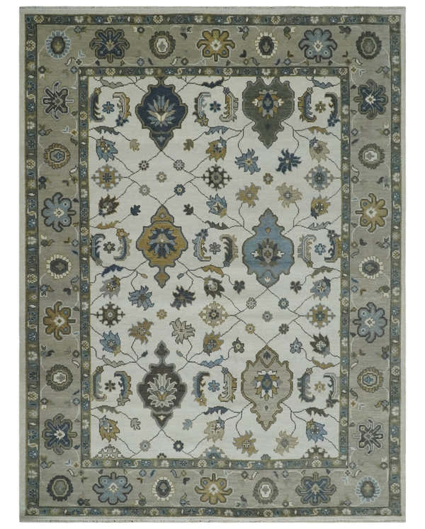 Traditional Ivory and Beige Hand Knotted Oriental Oushak Wool Area Rug