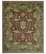 Traditional Maroon, Green and Beige Antique Donegal Design Hand knotted Area Rug