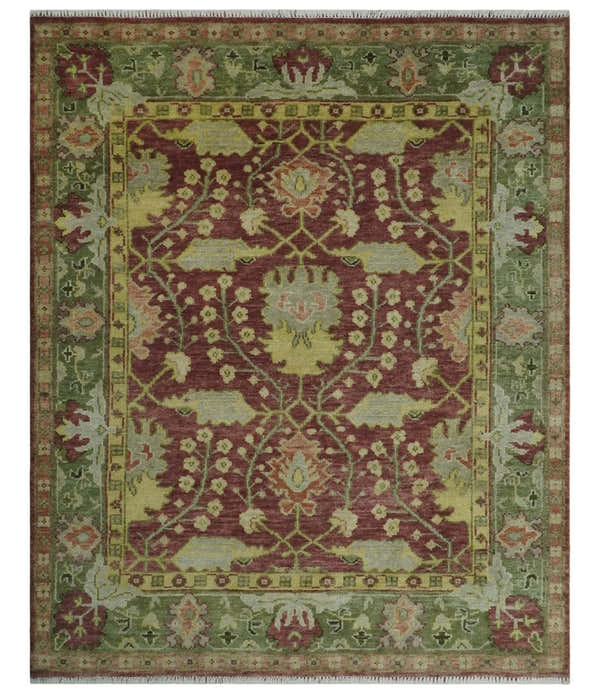 Traditional Maroon, Green and Beige Antique Donegal Design Hand knotted Area Rug
