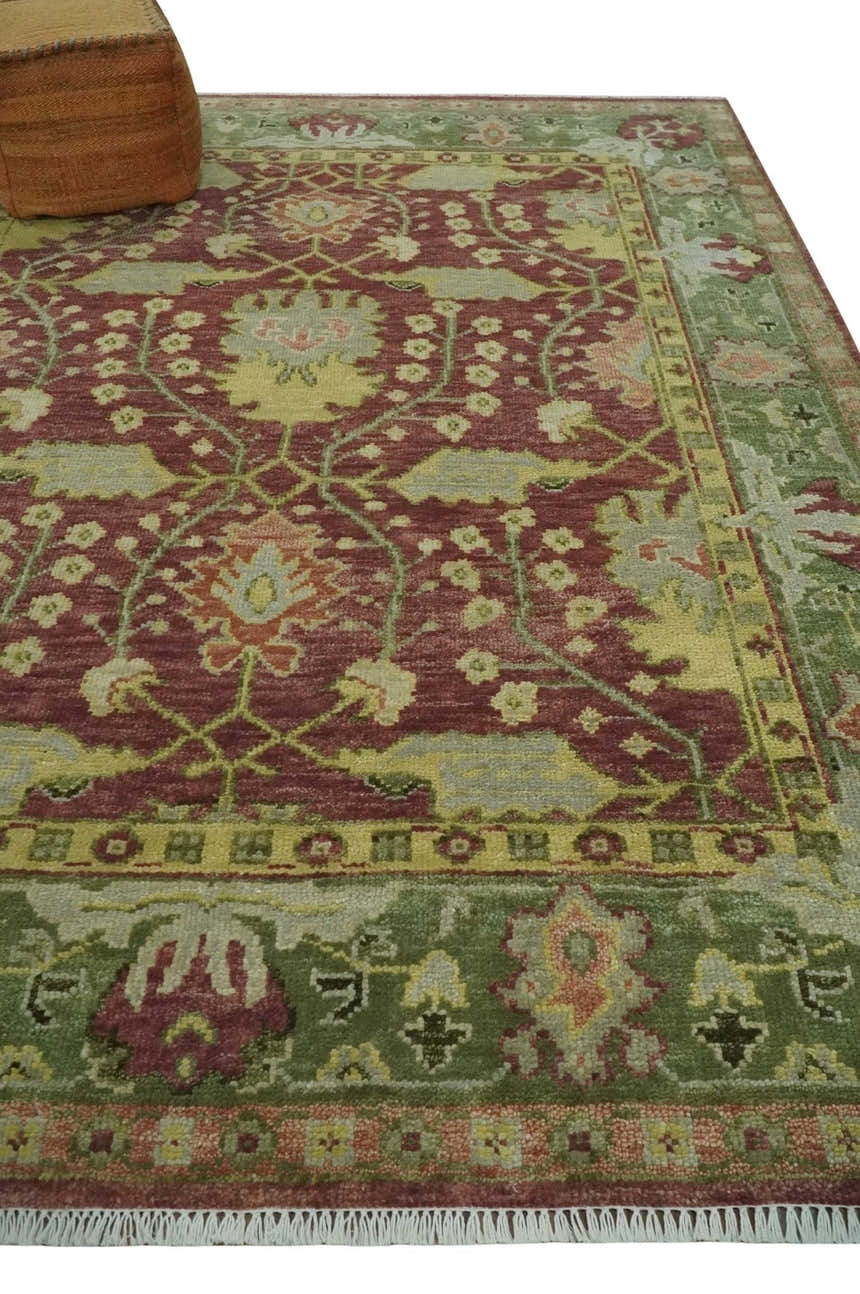 Traditional Maroon, Green and Beige Antique Donegal Design Hand knotted Area Rug