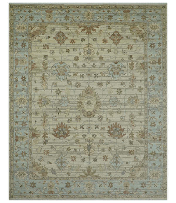 Traditional Oushak  Beige, Brown And Blue Hand Knotted Custom Made Wool rug