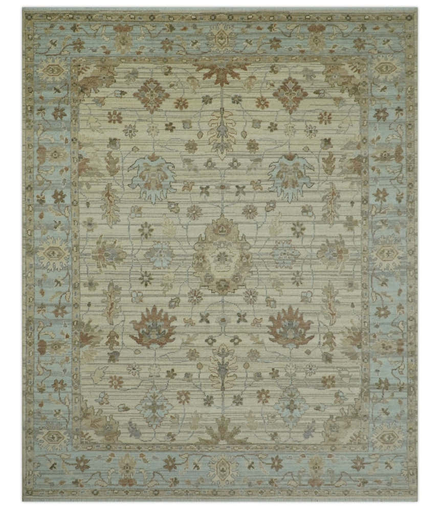 Traditional Oushak  Beige, Brown And Blue Hand Knotted Custom Made Wool rug
