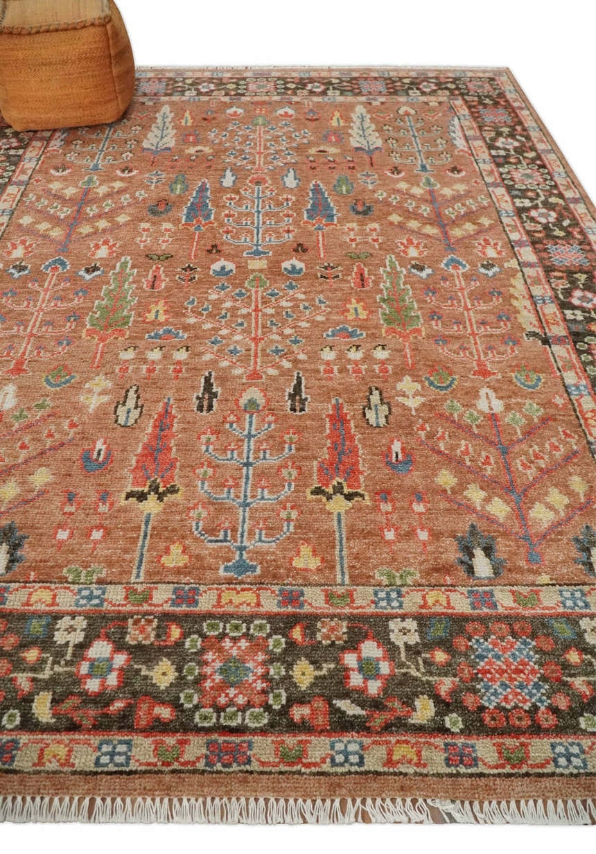 Traditional Oushak Tree of Life Rust and Brown Hand Knotted Wool Rug