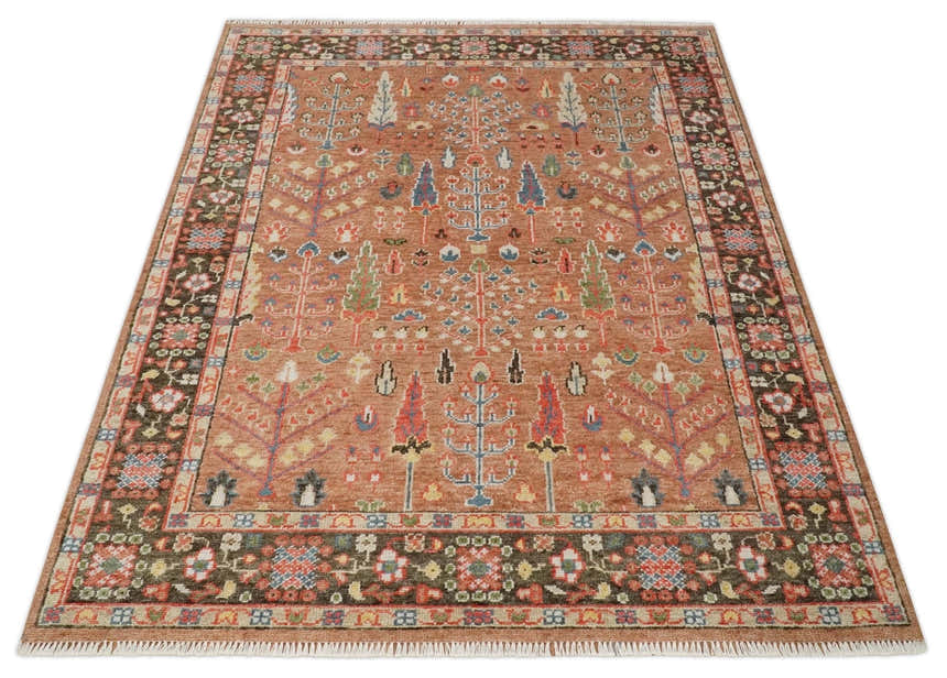 Traditional Oushak Tree of Life Rust and Brown Hand Knotted Wool Rug