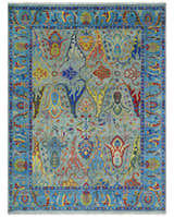 Traditional Silver and Blue Antique Style Colorful Hand knotted wool Area Rug