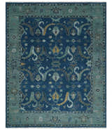Traditional Turkish Design Hand Knotted Oriental Oushak Blue and Aqua Wool Area Rug
