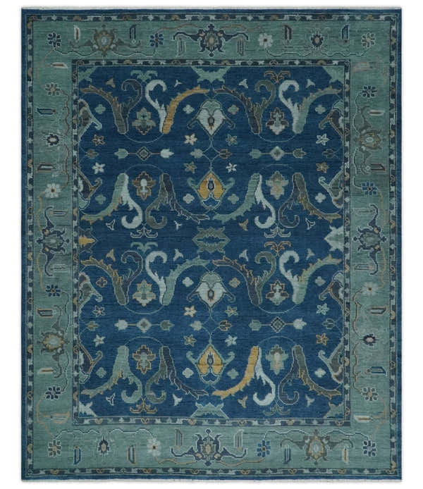 Traditional Turkish Design Hand Knotted Oriental Oushak Blue and Aqua Wool Area Rug
