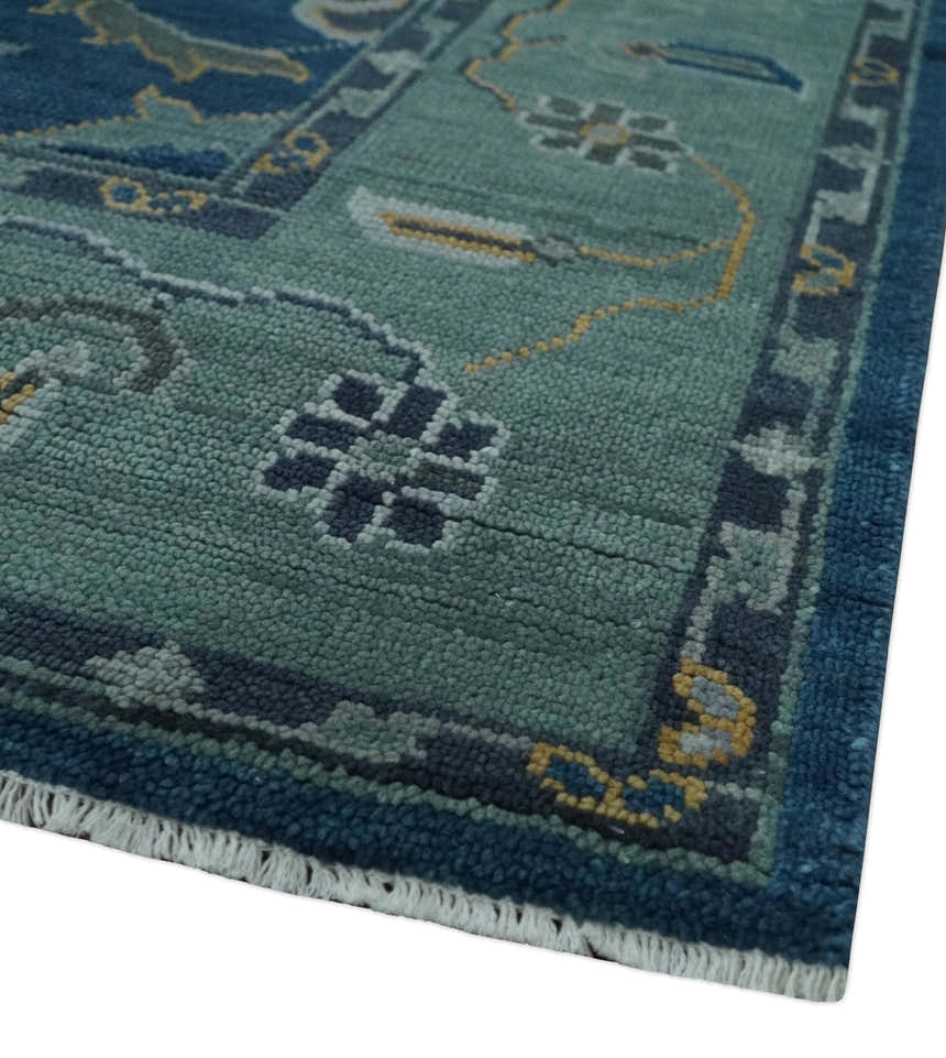 Traditional Turkish Design Hand Knotted Oriental Oushak Blue and Aqua Wool Area Rug