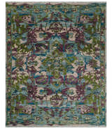 Transitional Hand Knotted Custom Made Green, Aqua, Peach and Purple Wool Rug