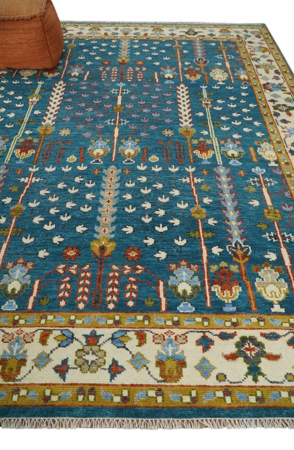 Tree of Life Traditional Hand Knotted Teal Blue and Ivory Custom Made Wool Area Rug