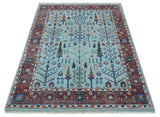 Tree of Life Hand Knotted Blue and Rust Modern Persian Vintage Oushak Custom Made Wool Rug