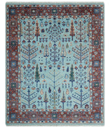 Tree of Life Hand Knotted Blue and Rust Modern Persian Vintage Oushak Custom Made Wool Rug