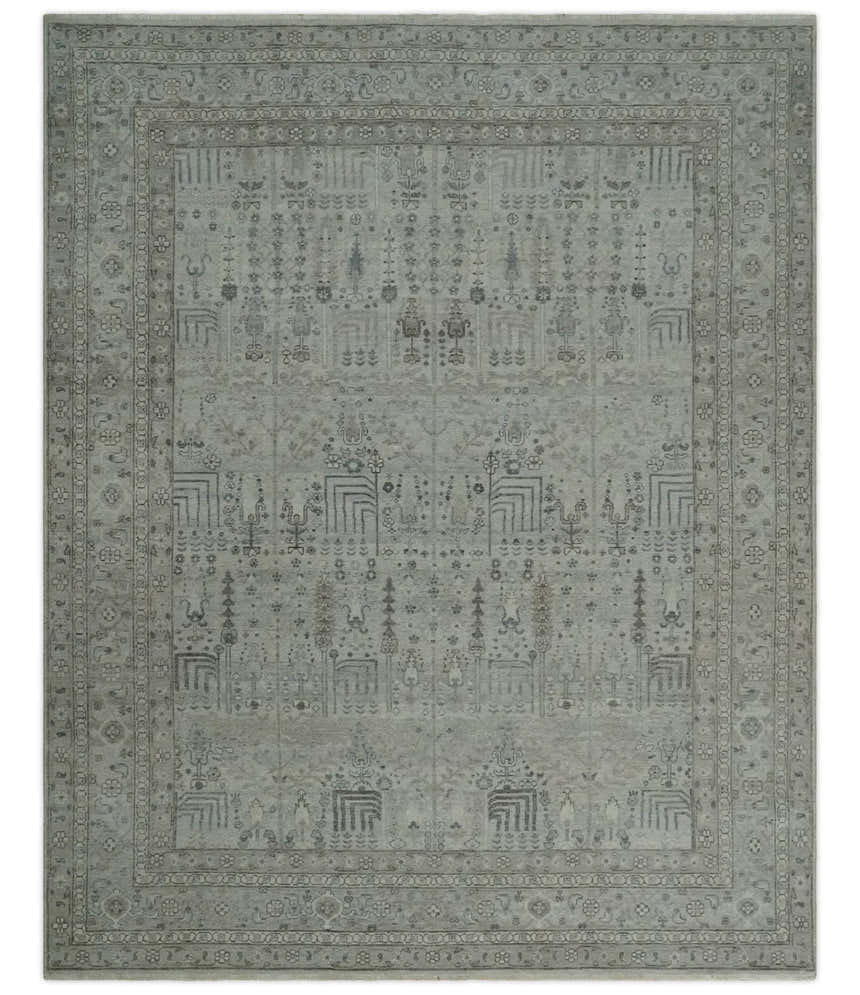 Tree of life Antique Distressed Finished Gray and Silver Low Pile Multi Size wool Area Rug