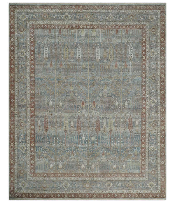 Tree of life Antique Distressed Finished Gray, Silver and Rust Low Pile Multi Size wool Area Rug
