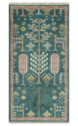Tree of life Teal, Peach and Olive Hand Knotted Traditional Oushak Custom Made wool area Rug