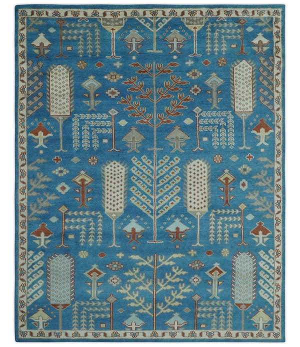 Tree of life Traditional Floral Blue, Ivory and Brown Hand Knotted Custom Made Wool Area Rug