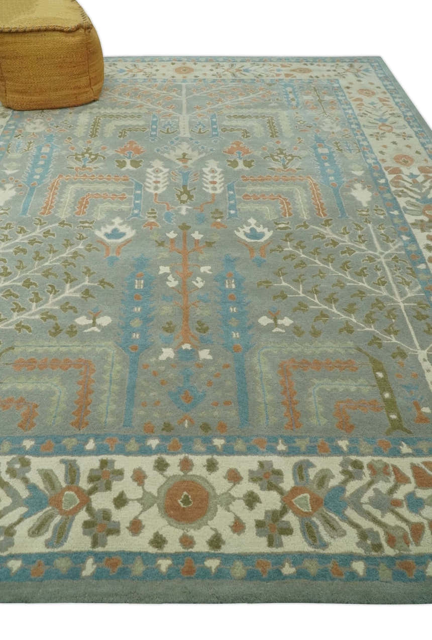 Tree of life Traditional Floral Gray, Beige, Green and Dark Peach Hand Tufted wool Area Rug