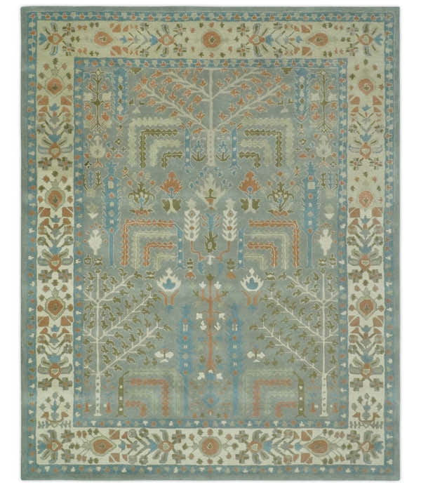 Tree of life Traditional Floral Gray, Beige, Green and Dark Peach Hand Tufted wool Area Rug