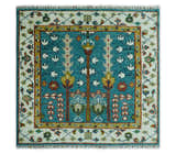 Tree of Life Traditional Hand Knotted Teal Blue and Ivory Custom Made Wool Area Rug