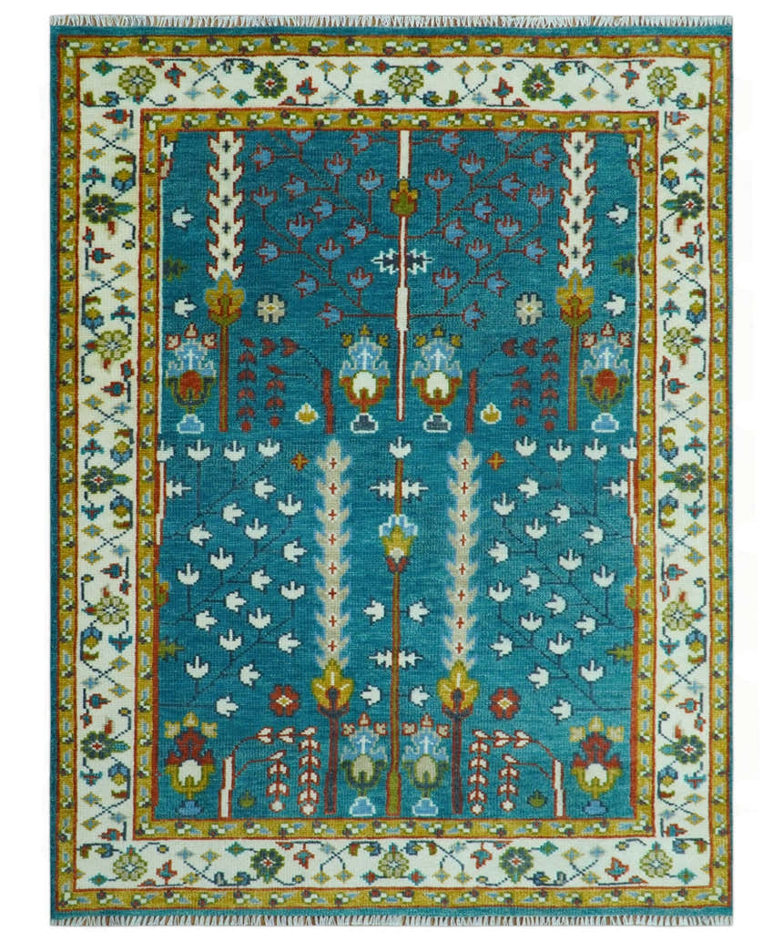 Tree of Life Traditional Hand Knotted Teal Blue and Ivory Custom Made Wool Area Rug