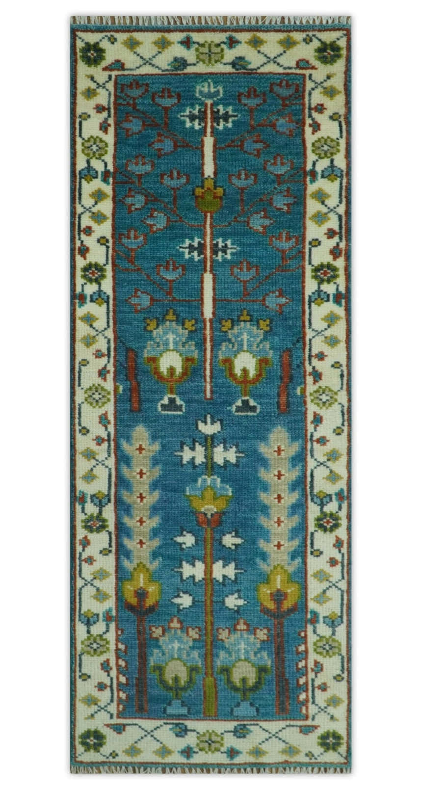 Tree of Life Traditional Hand Knotted Teal Blue and Ivory Custom Made Wool Area Rug