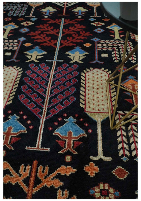 Tree of life Vibrant colorful Black, Beige, Peach and Blue Hand Knotted Traditional Oushak Custom Made wool area Rug