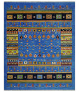 Tribal Gabbeh Blue, Black, Green and Rust Hand knotted Antique Look Traditional Wool Area Rug