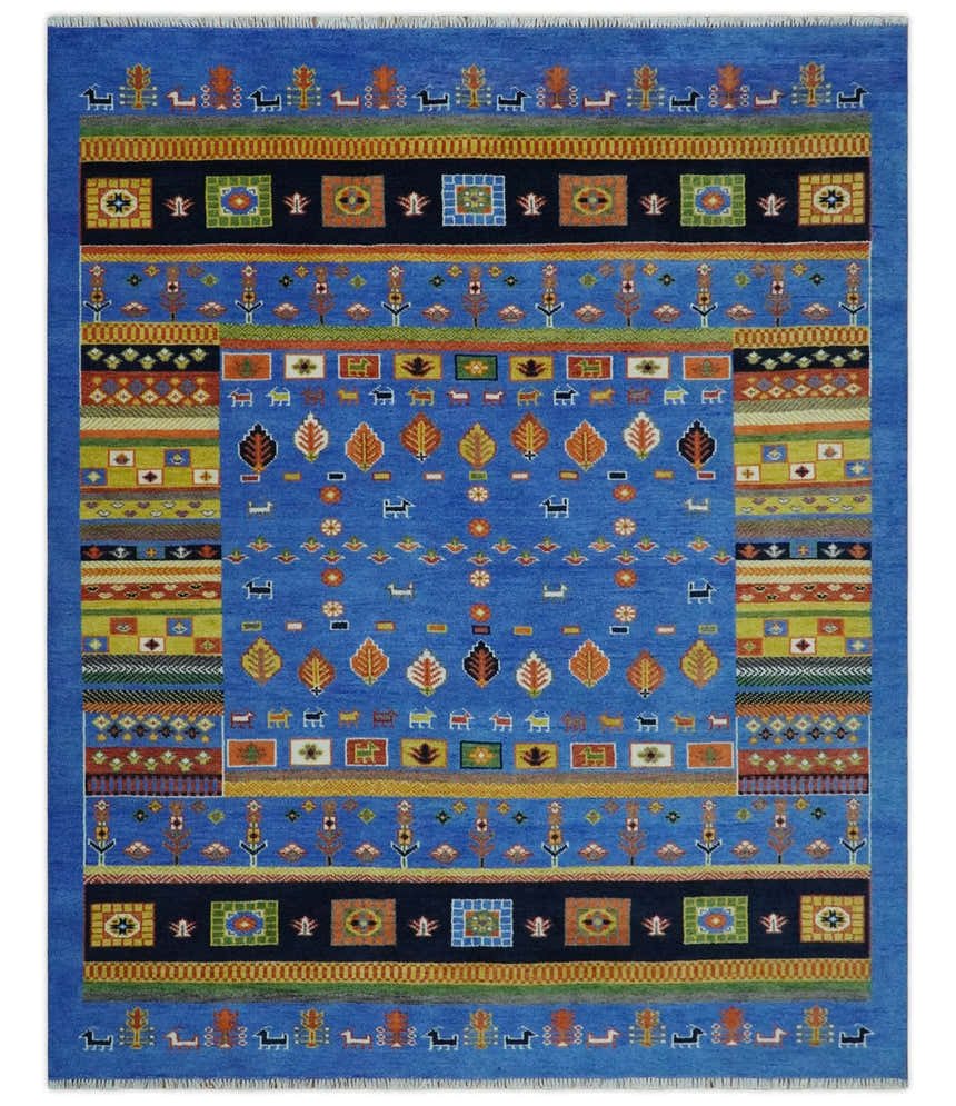 Tribal Gabbeh Blue, Black, Green and Rust Hand knotted Antique Look Traditional Wool Area Rug