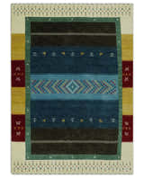 Tribal Gabbeh Blue, Gold, Maroon and Ivory Stripes design Traditional Wool Area Rug