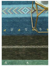 Tribal Gabbeh Blue, Gold, Maroon and Ivory Stripes design Traditional Wool Area Rug