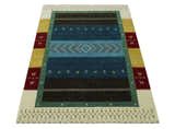 Tribal Gabbeh Blue, Gold, Maroon and Ivory Stripes design Traditional Wool Area Rug