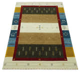 Tribal Gabbeh Gold, Ivory, Blue and Charcoal Stripes design Custom Made Wool Rug