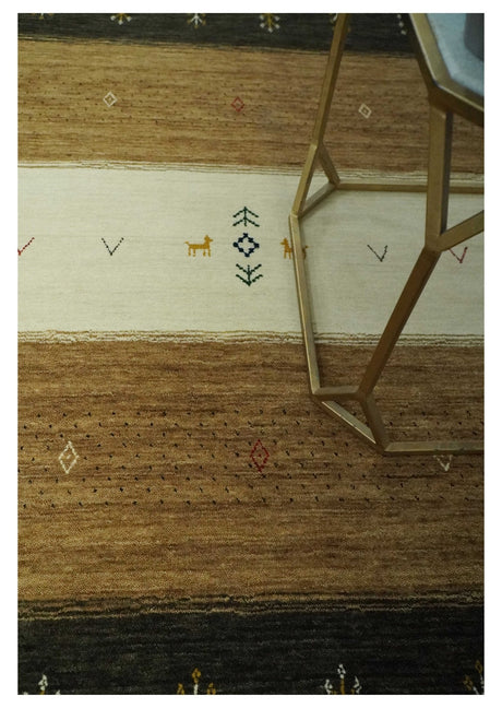 Tribal Gabbeh Gold, Ivory, Blue and Charcoal Stripes design Custom Made Wool Rug