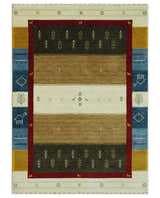 Tribal Gabbeh Gold, Ivory, Blue and Charcoal Stripes design Custom Made Wool Rug