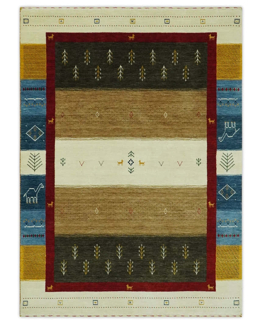 Tribal Gabbeh Gold, Ivory, Blue and Charcoal Stripes design Custom Made Wool Rug
