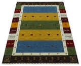 Tribal Gabbeh Green, Gold, Blue, Maroon and Ivory Stripes design Traditional Wool Area Rug
